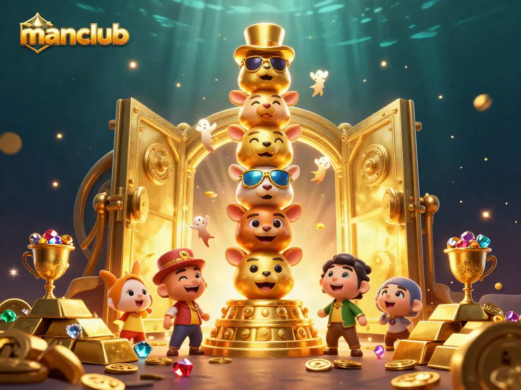 Experience thrilling wins at manclub with the vibrant casino-themed 3D illustration featuring lively totem characters and sparkling treasures.