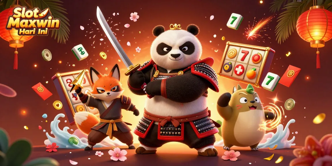 Slot Maxwin Hari Ini menampilkan samurai panda dan ninja fox dalam suasana kasino yang menarik dengan simbol slot.