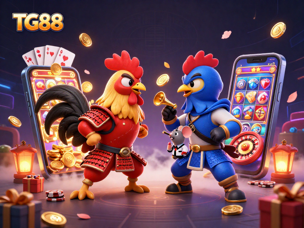 Experience thrilling casino action with TG88's cartoon showdown featuring samurai and ninja roosters amidst gaming elements.