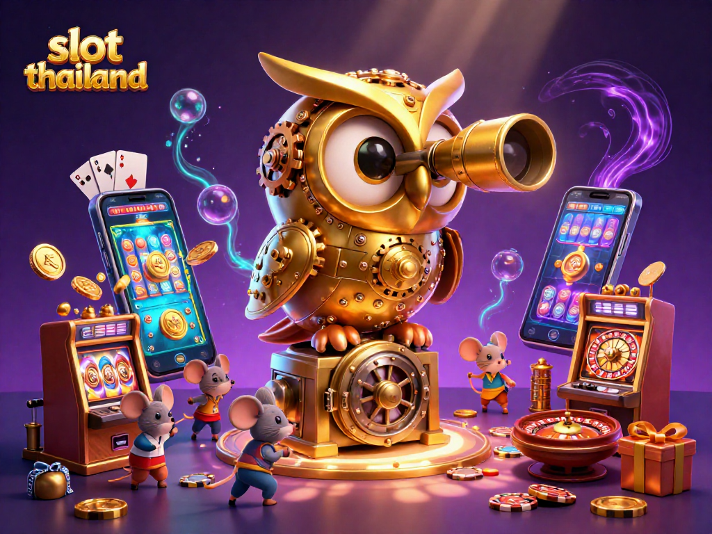 Experience slot thailand excitement with a vibrant casino scene featuring an owl and animated patrons.