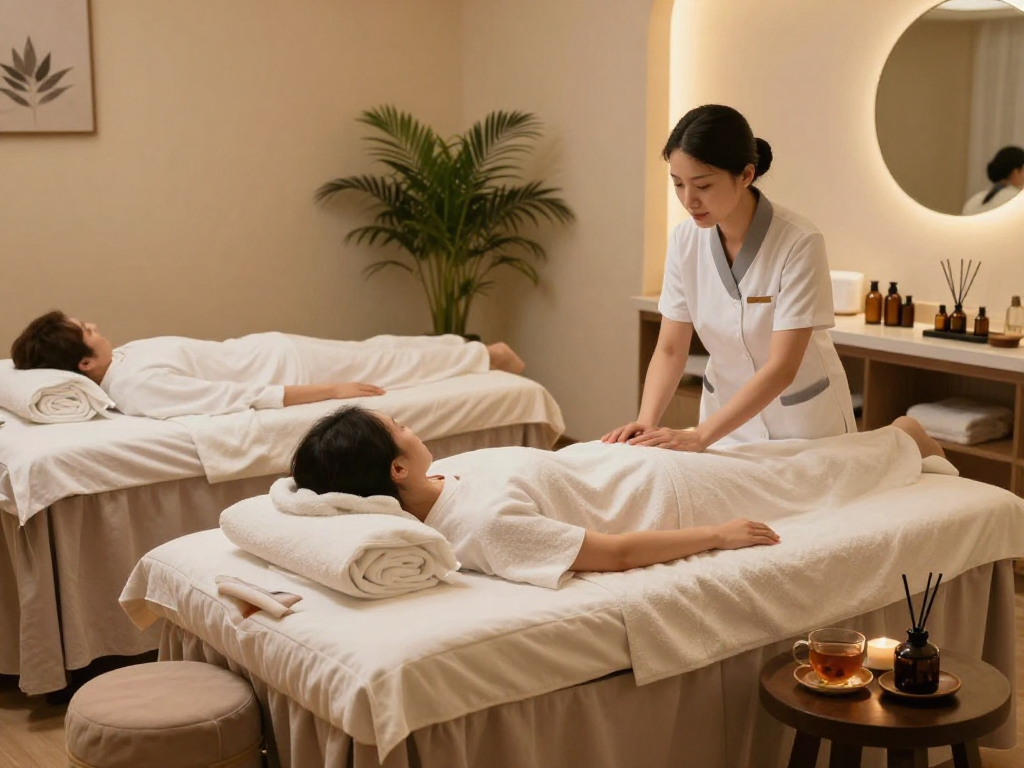 A serene spa consultation scene with mantra88 oils and a therapist guiding a client.