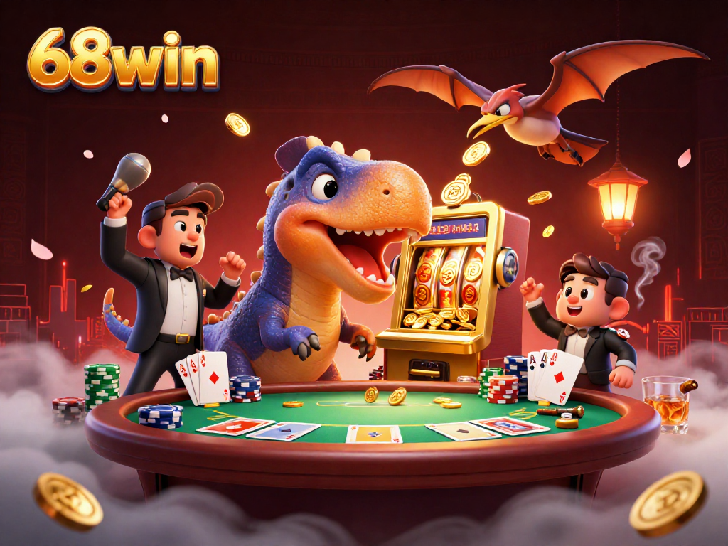 68win slot machine illustration with a dinosaur theme, headbutting for coins in a lively casino scene.