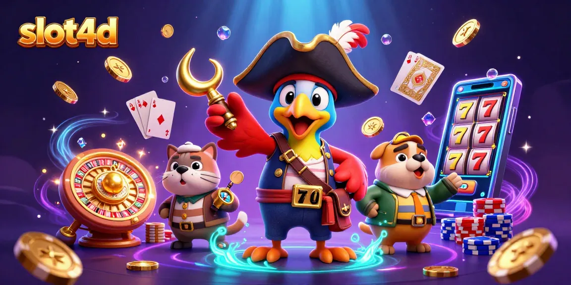Experience thrilling slots action with slot4d in this vibrant 3D casino scene featuring colorful characters and game elements.