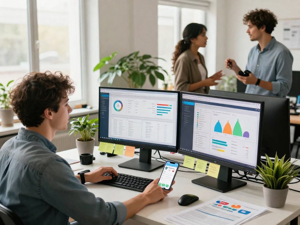 Engaged digital marketer analyzing data to buy android installs for app success in a modern office environment.