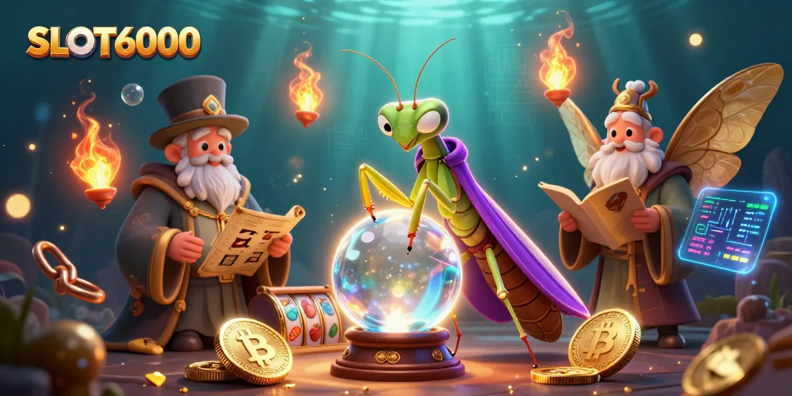 Engage in thrilling gaming experiences with SLOT6000 in a vibrant, 3D casino setting featuring slot machines and cryptocurrencies.