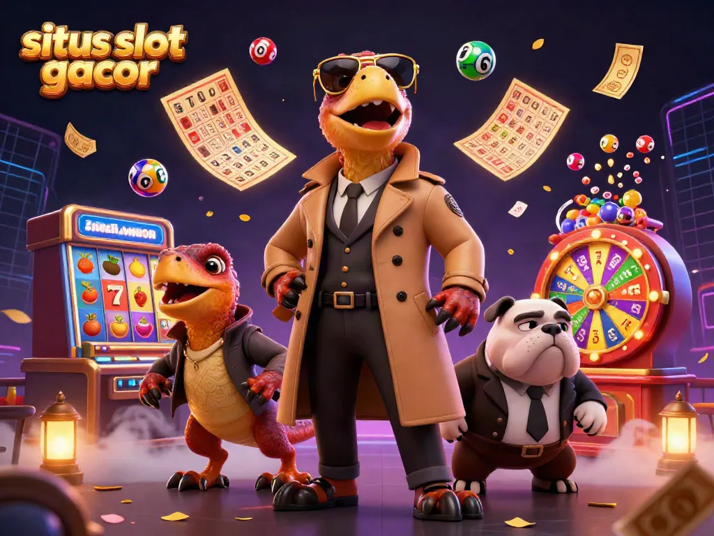 Ilustrasi 3D kartun menampilkan situs slot gacor dengan tiga raptor berpura-pura menjadi satu orang untuk memasuki lounge VIP kasino.