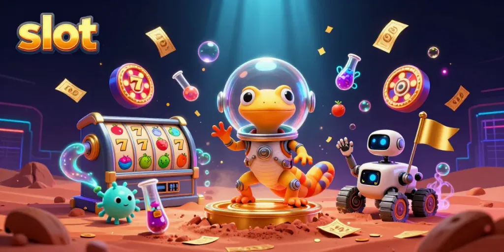 Engaging Martian gecko discovers golden slots and casino treasures in ultra-detailed 3D rendering.