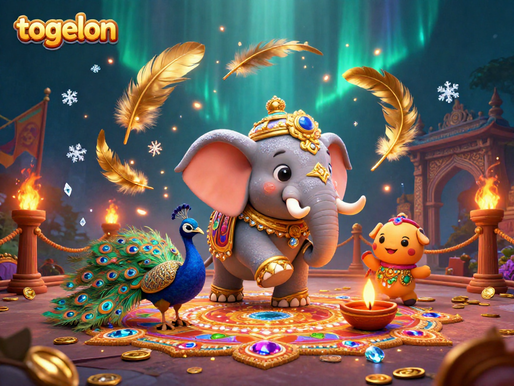 Engage in togelon gaming with vibrant 3D casino elements, including an elephant and peacock.