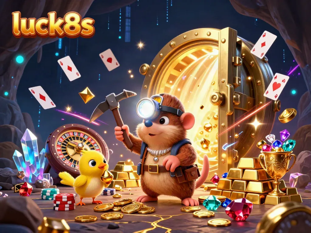 Experience luck8s with a vibrant illustration of a treasure hunter mole in a rich casino environment.