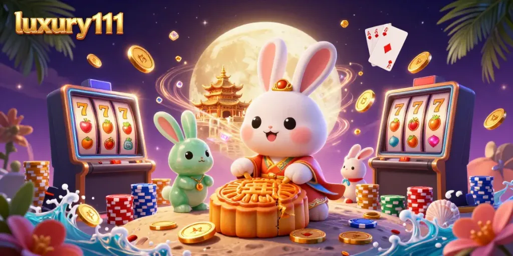 Experience luxury111 with engaging moon rabbit characters playing slots amid a whirlwind of casino elements.