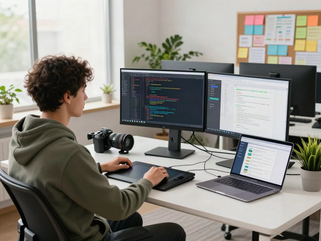 Ingénieur en logiciel utilisant Atlas pro ontv dans un bureau moderne, avec des écrans affichant une interface utilisateur et des notes de brainstorming.