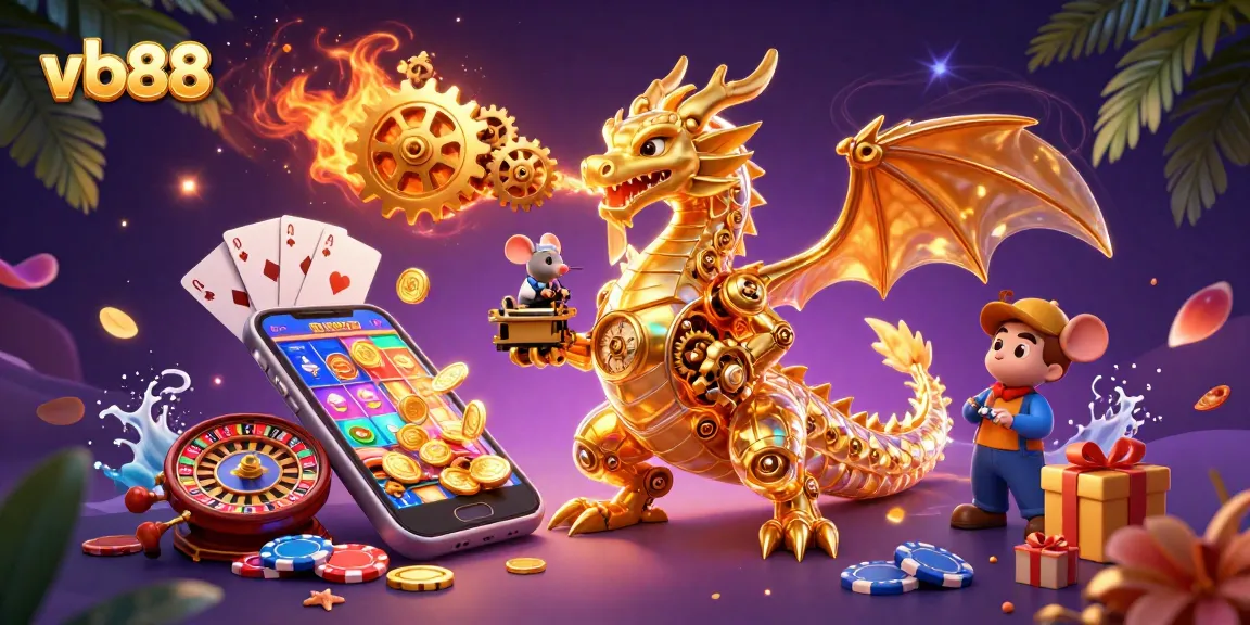 vb88 dragon illustration breathing gears and cogs with vibrant casino elements for an online gaming experience