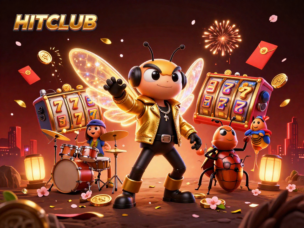 Engage in thrilling gaming action at HITCLUB with vibrant slot reels and celebratory visuals.