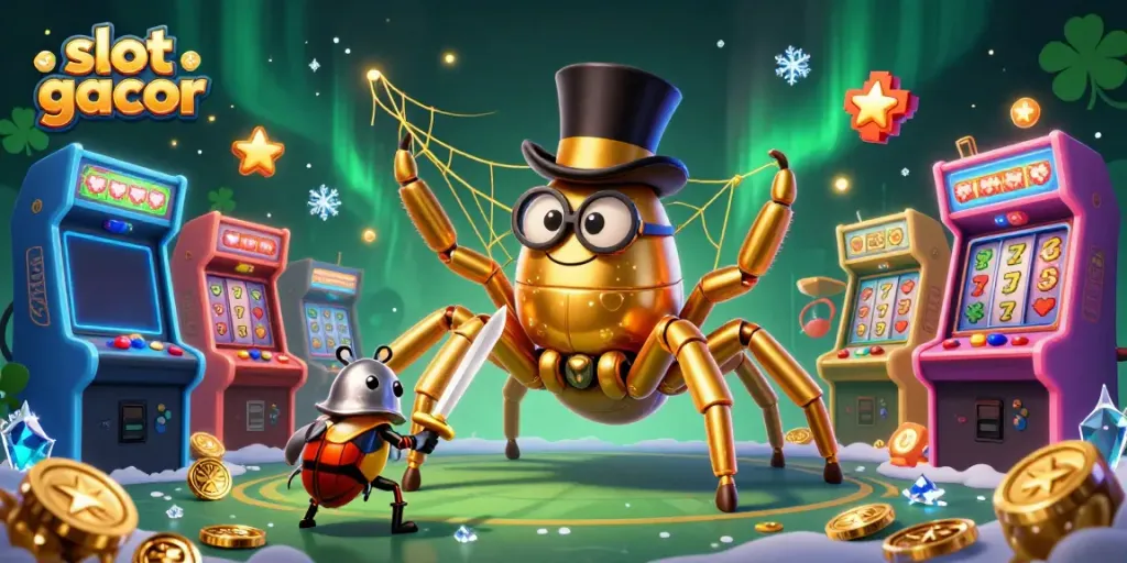 Experience the excitement of slot gacor with an action-packed illustration featuring a golden tarantula and a brave beetle knight.