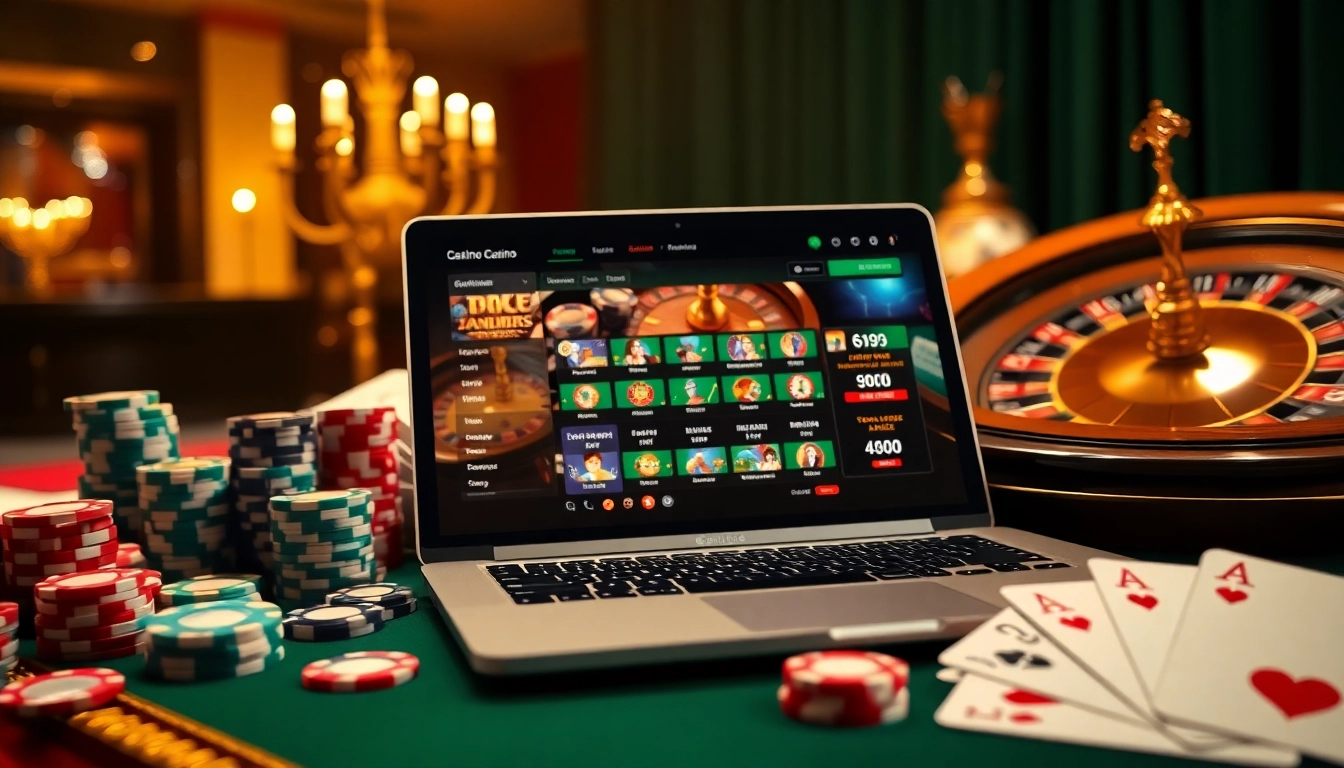 Expérience engageante de site de casino en ligne avec des jetons de poker, des cartes et une roulette.