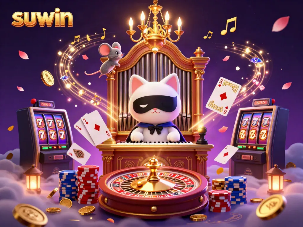 Engage in thrilling gameplay at Suwin with a fantastic casino scene featuring animated characters, vibrant coins, and rich game elements.