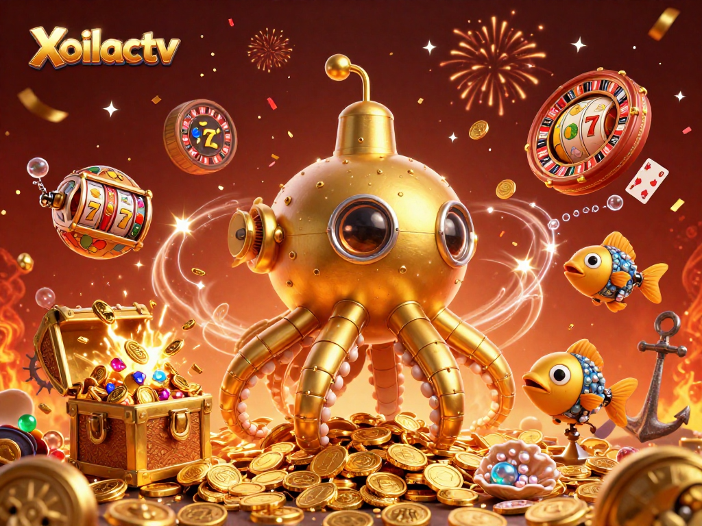 Xoilactv showcases a vibrant underwater casino scene with a golden kraken submarine and slot elements.