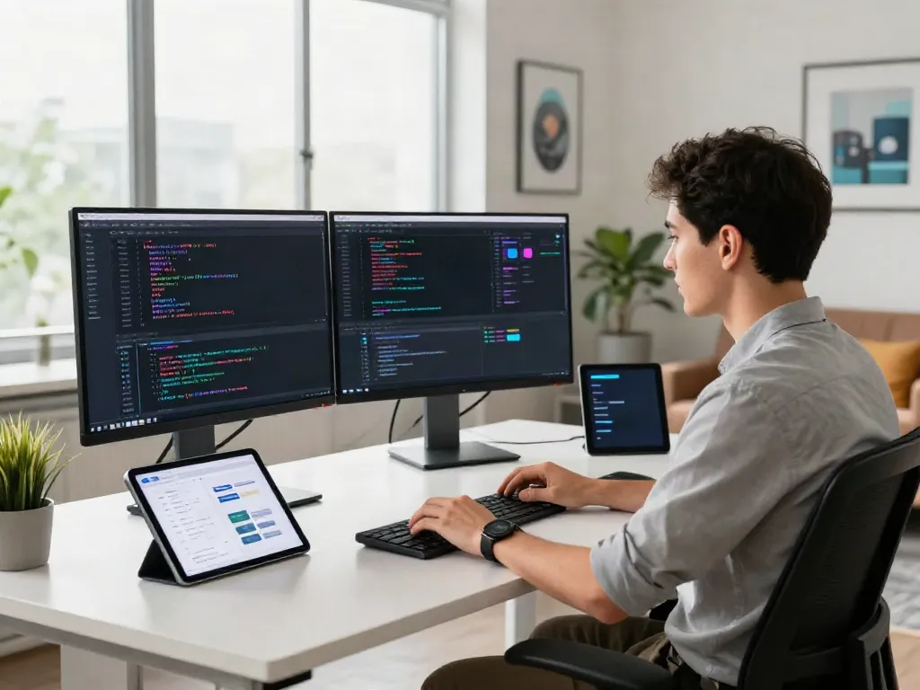 Developer working on an uncensored AI chat application in a modern tech workspace