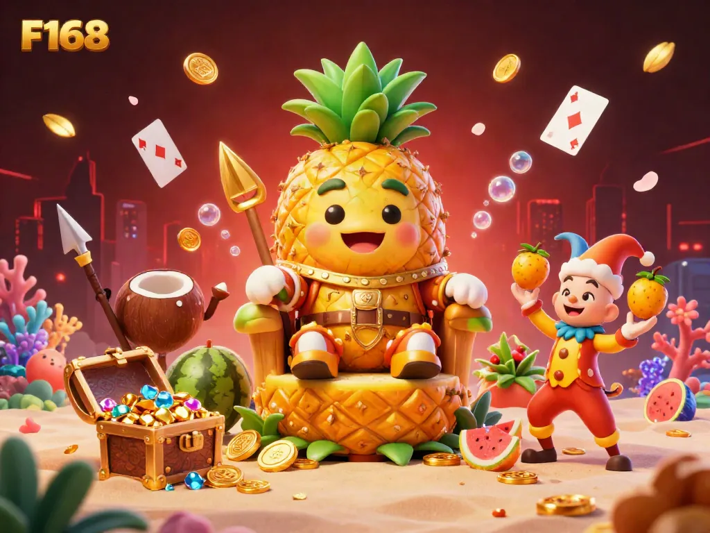 Experience the vibrant F168 casino scene with a golden pineapple king, surrounded by playful elements and treasures.