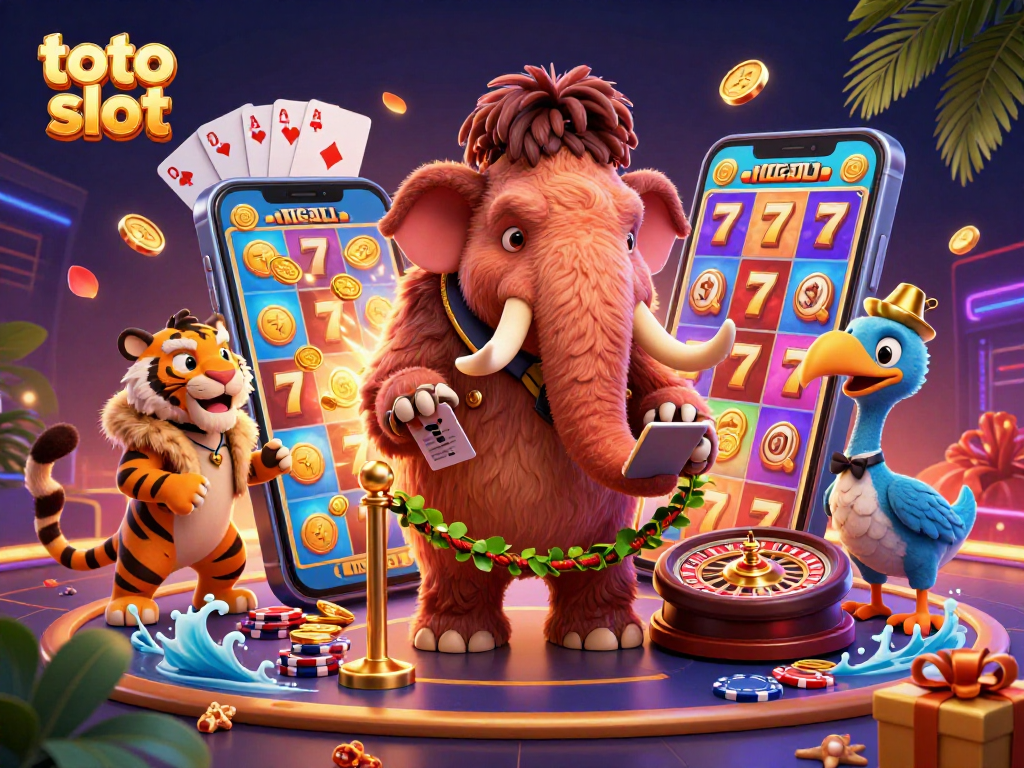 Join the fun at toto slot with a vibrant 3D scene featuring a woolly mammoth bouncer and a saber-tooth tiger VIP.