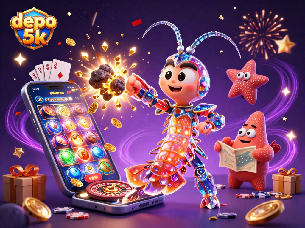 Experience thrilling moments with depo 5k and vibrant casino game elements in this dynamic illustration.