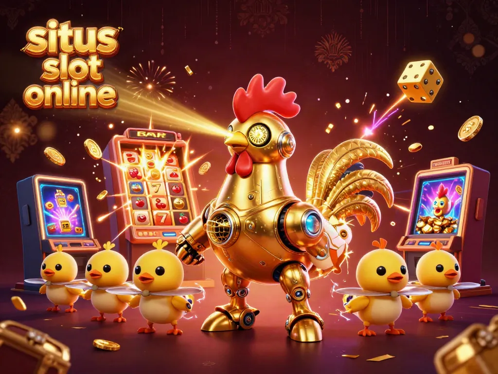Permainan situs slot online yang menarik dengan mesin slot 3D bercahaya dan karakter robot ayam futuristik.