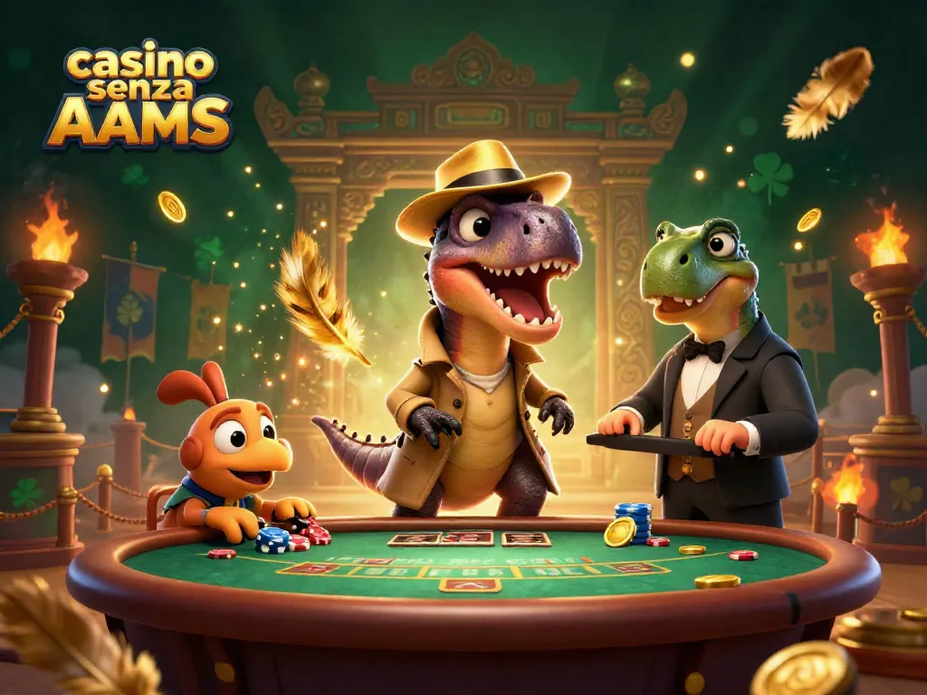 Gioca al casinò senza AAMS e osserva il velociraptor furtivo al tavolo, con il pit boss in attesa.