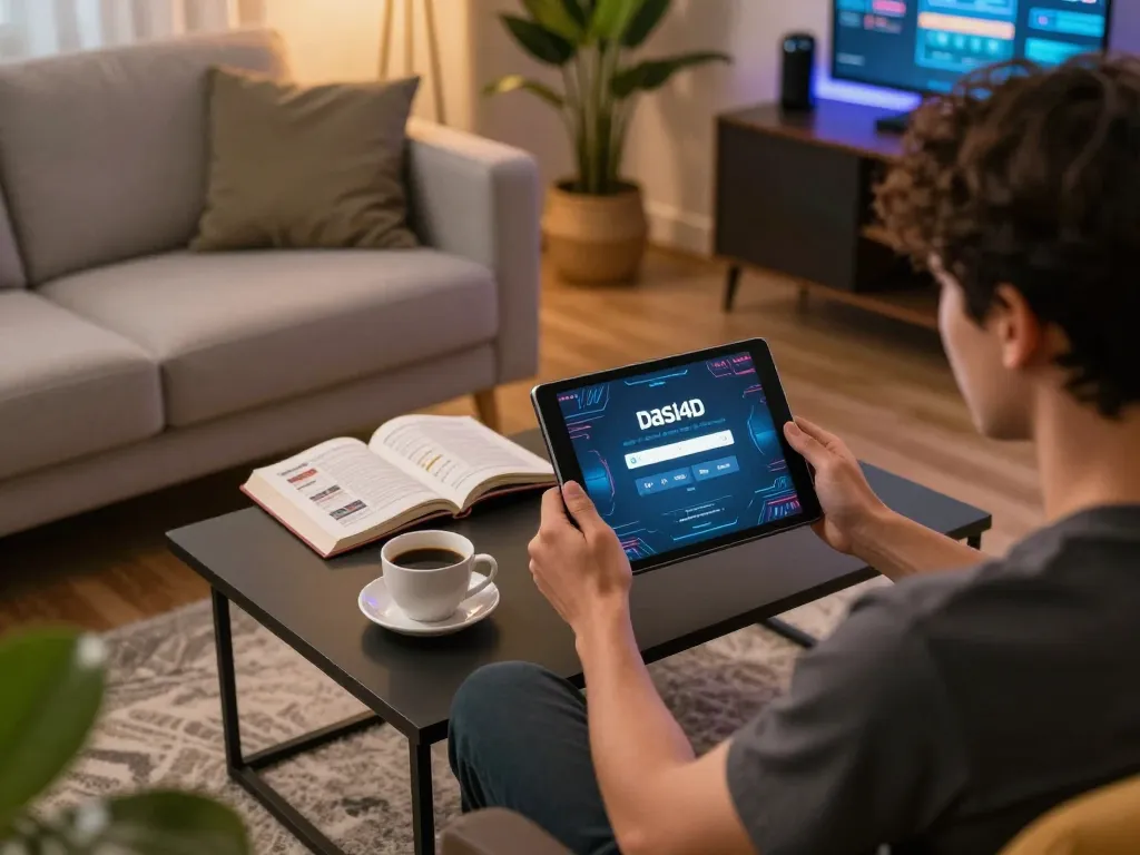 Pengaturan login Dasi4d dengan pemain fokus pada tablet permainan online dalam suasana yang nyaman.