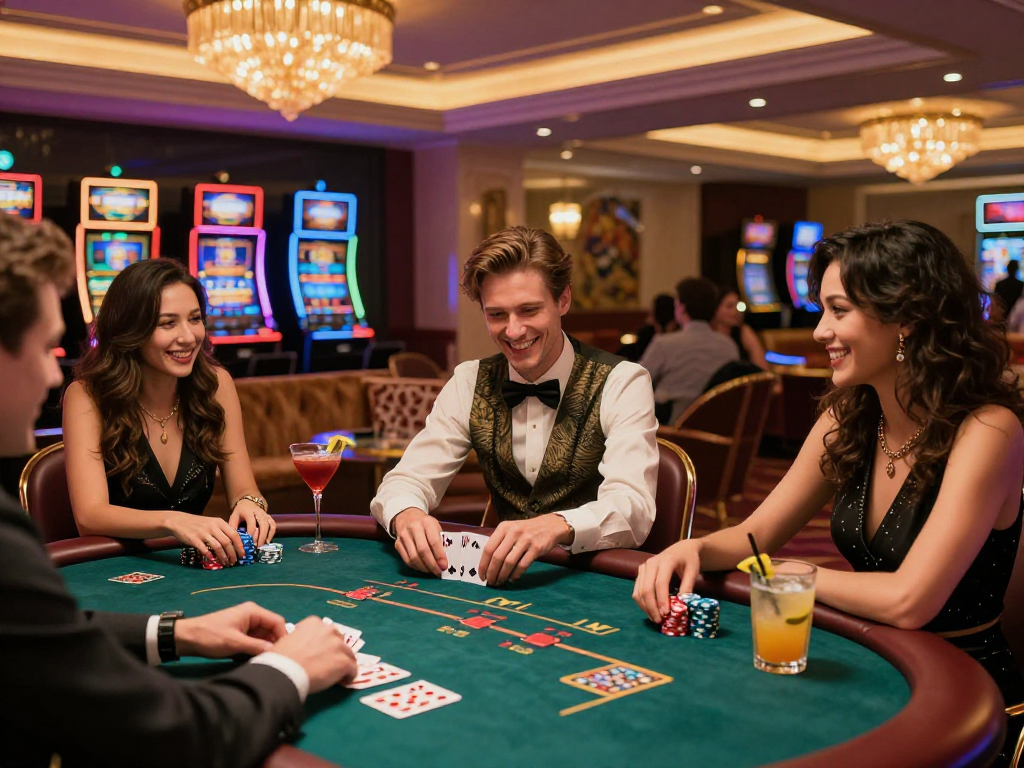 Exciting gambling scene at a casino lounge featuring rokok88 gaming activities with friends.