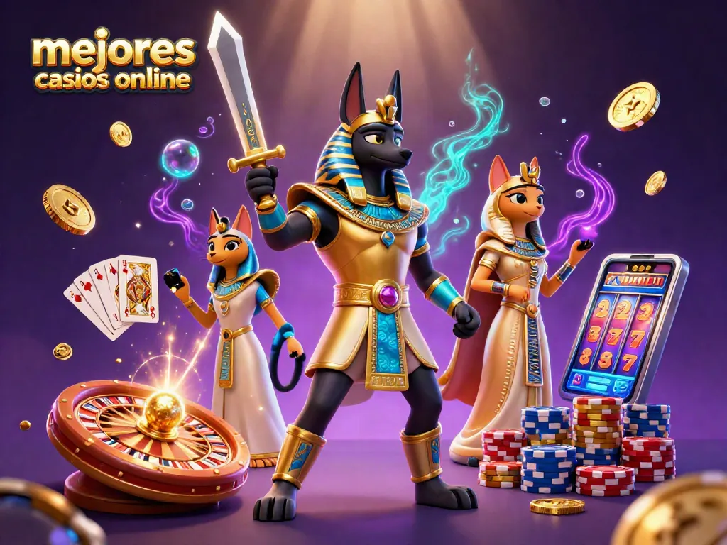 Los mejores casinos online presentan una escena vibrante de Anubis y Bastet rodeados de juegos de azar.