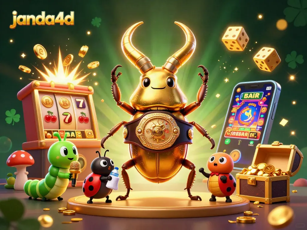 JANDA4D merayakan kemenangan dengan mesin slot yang meledak menghasilkan koin dan simbol keberuntungan.