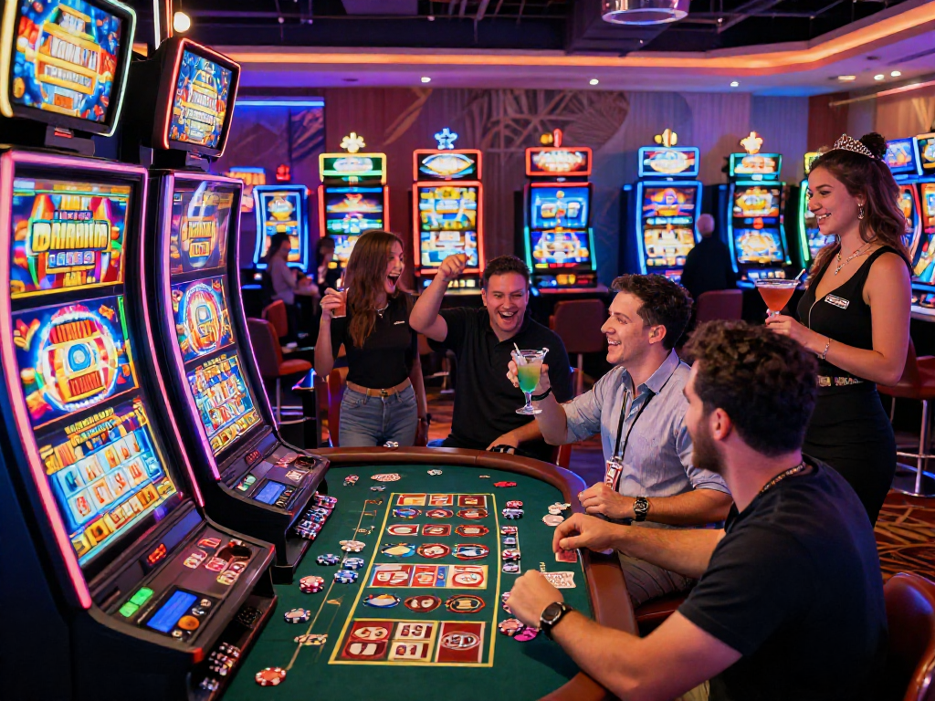 Slot gacor di kasino dengan mesin slot berwarna-warni dan pemain merayakan kemenangan besar.