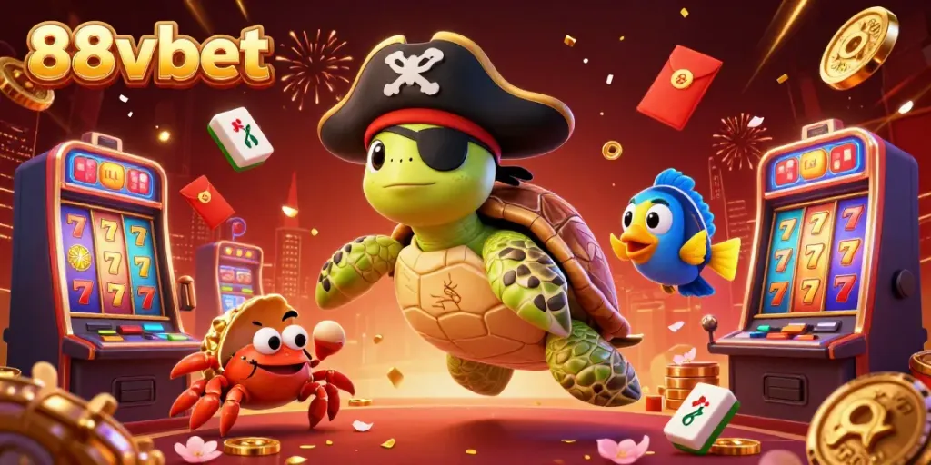 Experience the vibrant casino world of 88vbet featuring a pirate turtle, crab, and parrotfish surrounded by slots and treasures.