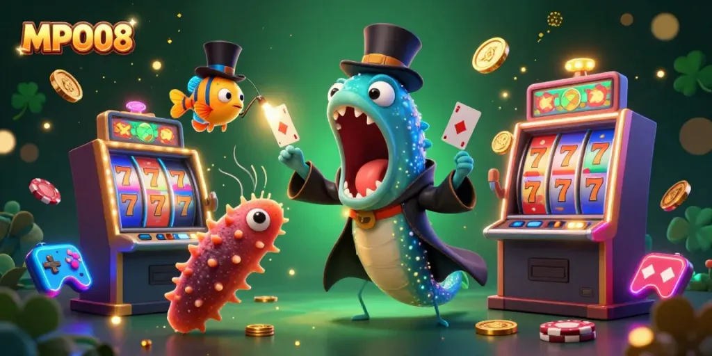 Engage with MPO08's unique casino magic scene featuring dazzling slot machines and playful sea creatures.