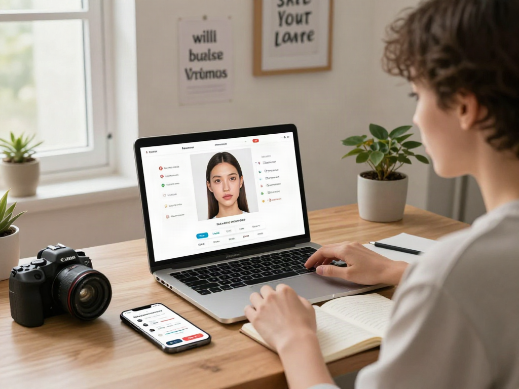 User engaging in a test of attractiveness using a laptop to analyze beauty scores, showcasing facial metrics and a cozy study atmosphere.