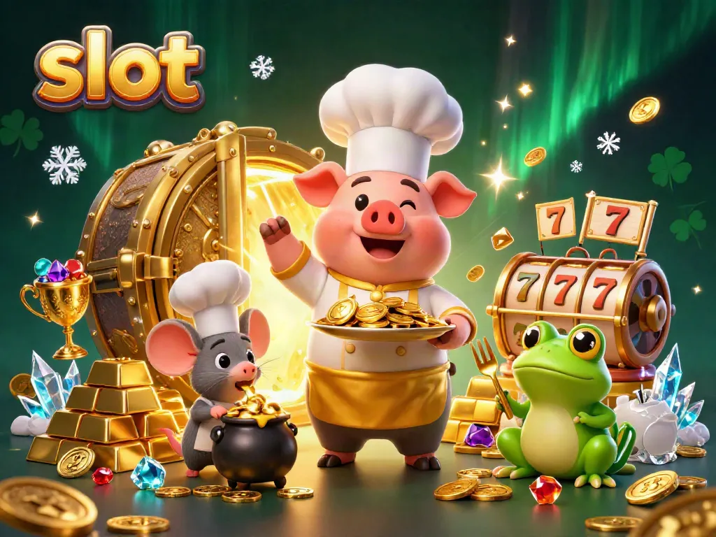 Chef pig serving gold coin platter among vibrant slot-themed casino treasures.