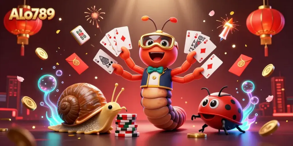 Celebrate thrilling ALo789 casino action with cartoon characters showcasing playing cards and chips creatively.