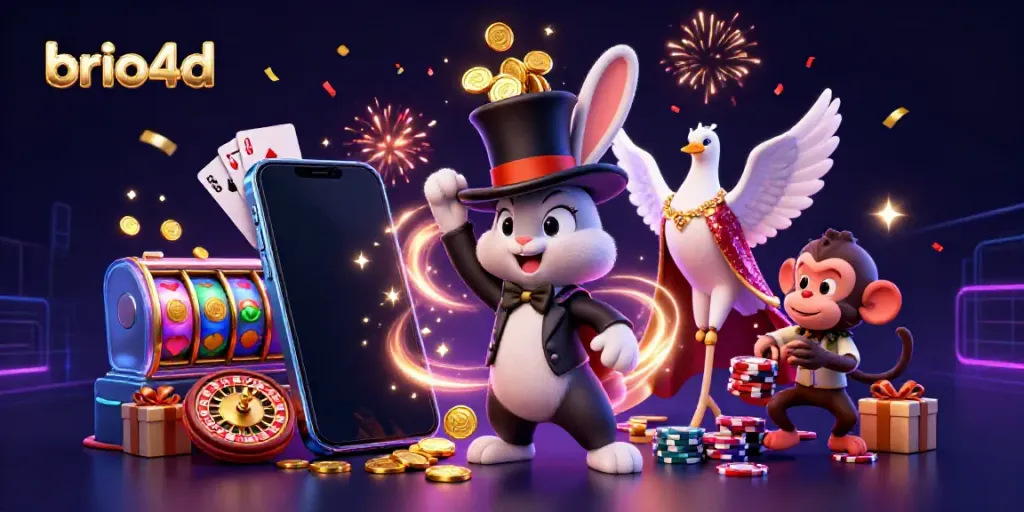 Experience the magic of brio4d with a cartoon rabbit magician, dove, and monkey in this vibrant casino scene.