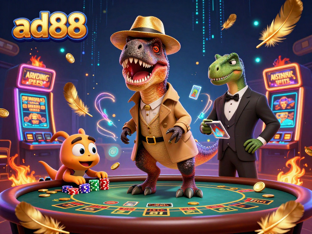 Experience the excitement of ad88 with vibrant casino action featuring animated dinosaurs at a blackjack table.