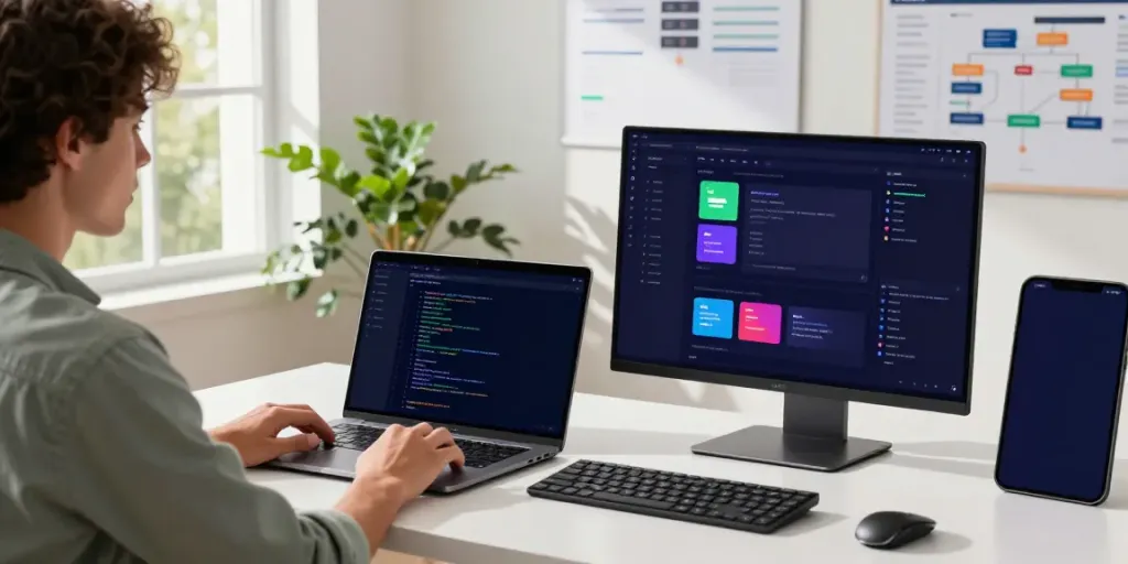 APK developer working in a bright modern workspace with code on screens.