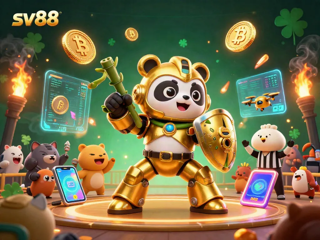 Experience thrilling games at sv88 with a golden panda mech in a vibrant casino arena.