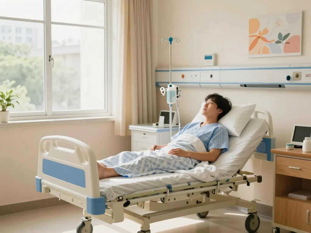Comfortable patient on a giường bệnh nhân in a bright hospital room with supportive medical equipment.