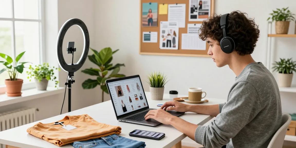 Stylish home office scene showcasing rokok88 e-commerce entrepreneur managing trendy fashion products.