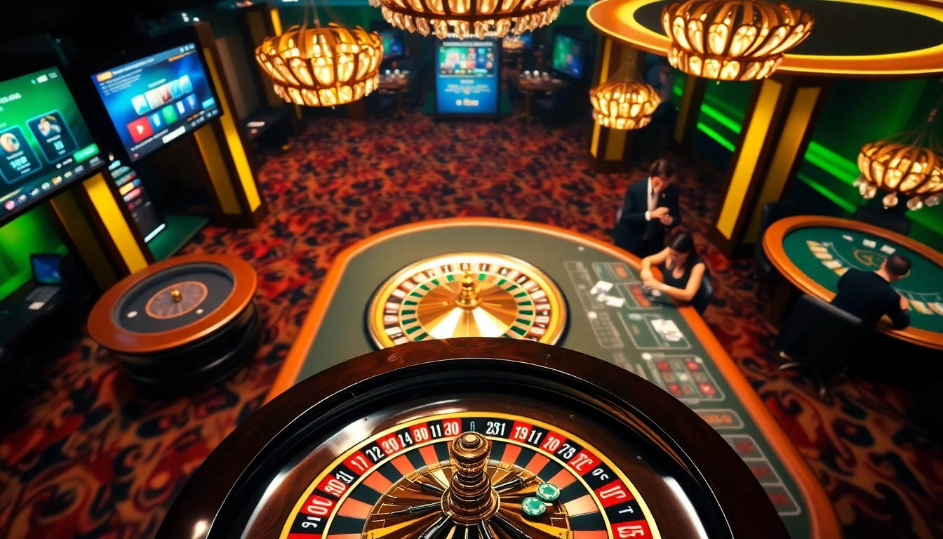 Une scène vibrante d'un environnement de casino luxueux illustrant le site de casino en ligne avec des tables de poker et des roulettes.
