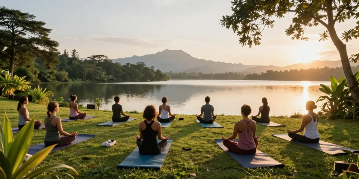 Yoga teacher training sri lanka session at sunrise beside Koggala Lake, peaceful practitioners meditating.