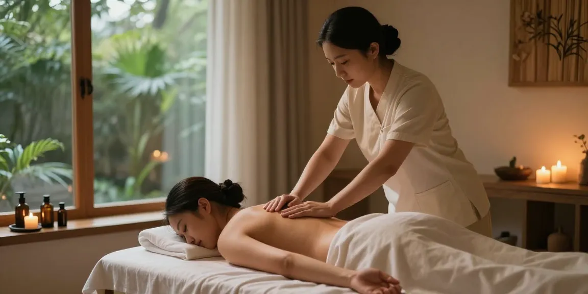 Relaxing 스웨디시 massage scene in a tranquil spa environment with a skilled therapist and aromatic candles.