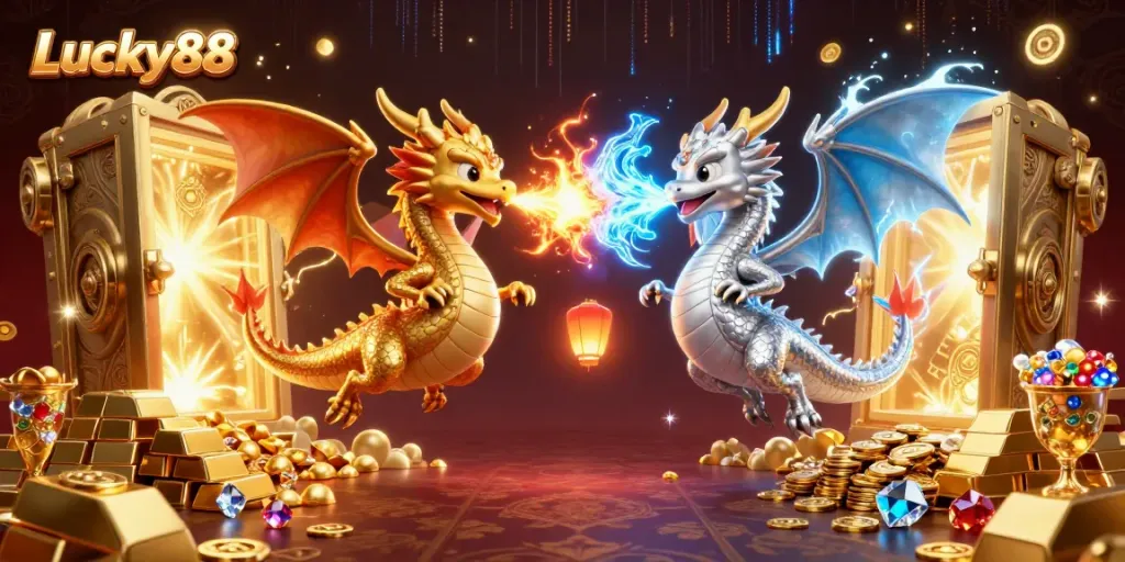 Experience thrilling gaming adventures at Lucky88 with cartoon dragons amidst treasure.