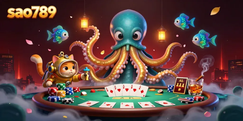 Engage with sao789's thrilling underwater poker scene featuring a kraken and a diving cat.