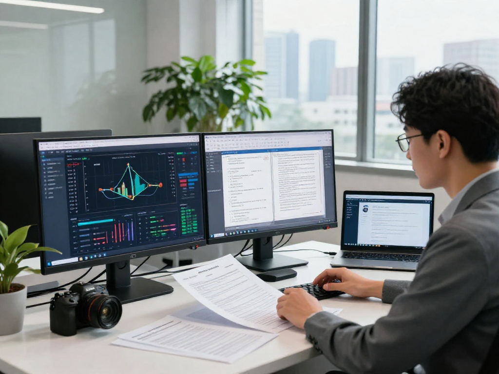 Document fraud detection in a modern office with an analyst reviewing digital reports and analytics.