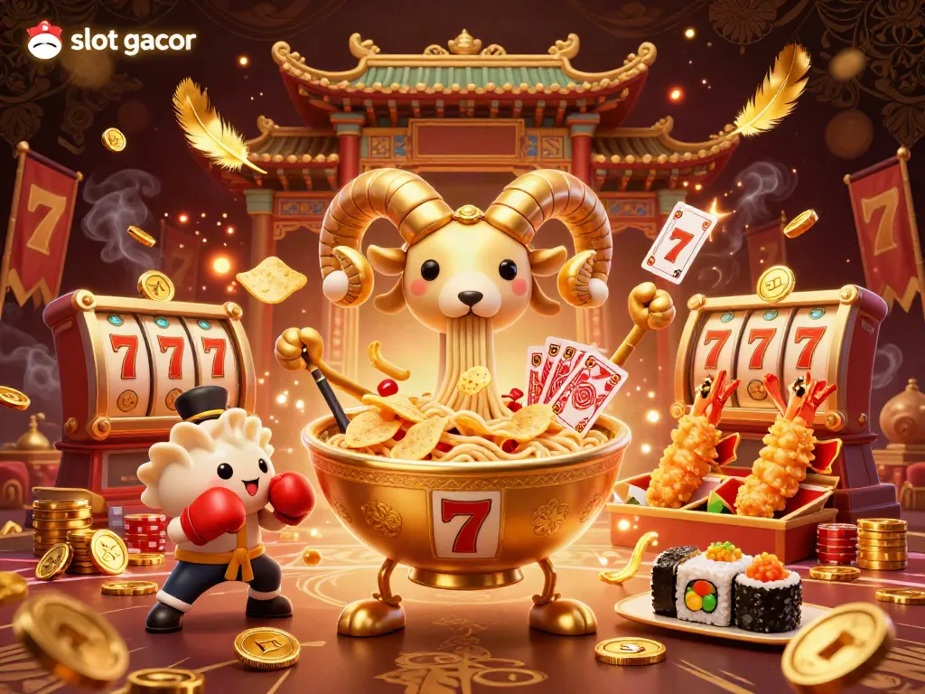 Slot gacor menampilkan ilustrasi kasino dengan ramen raksasa dan elemen slot yang menarik.